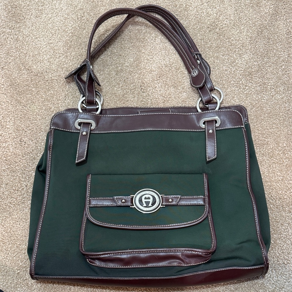Etienne Aigner Green and Brown Tote Bag